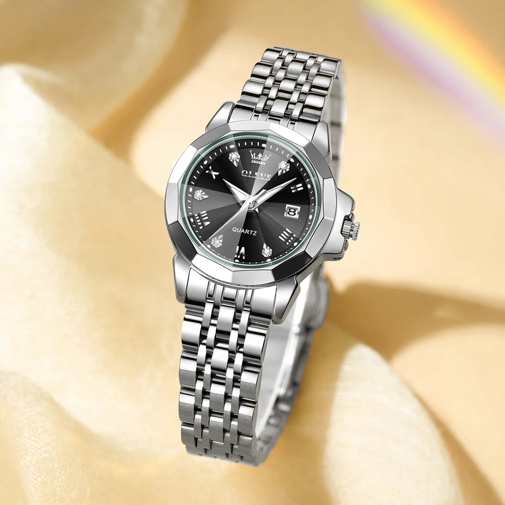 OLEVS 9931X Womens Perfume Watch Rhombic Quartz Watch Stainless Steel Waterproof Ladies Date Watch Gifts Original Elegant New W-Silver Black CHINA Yes