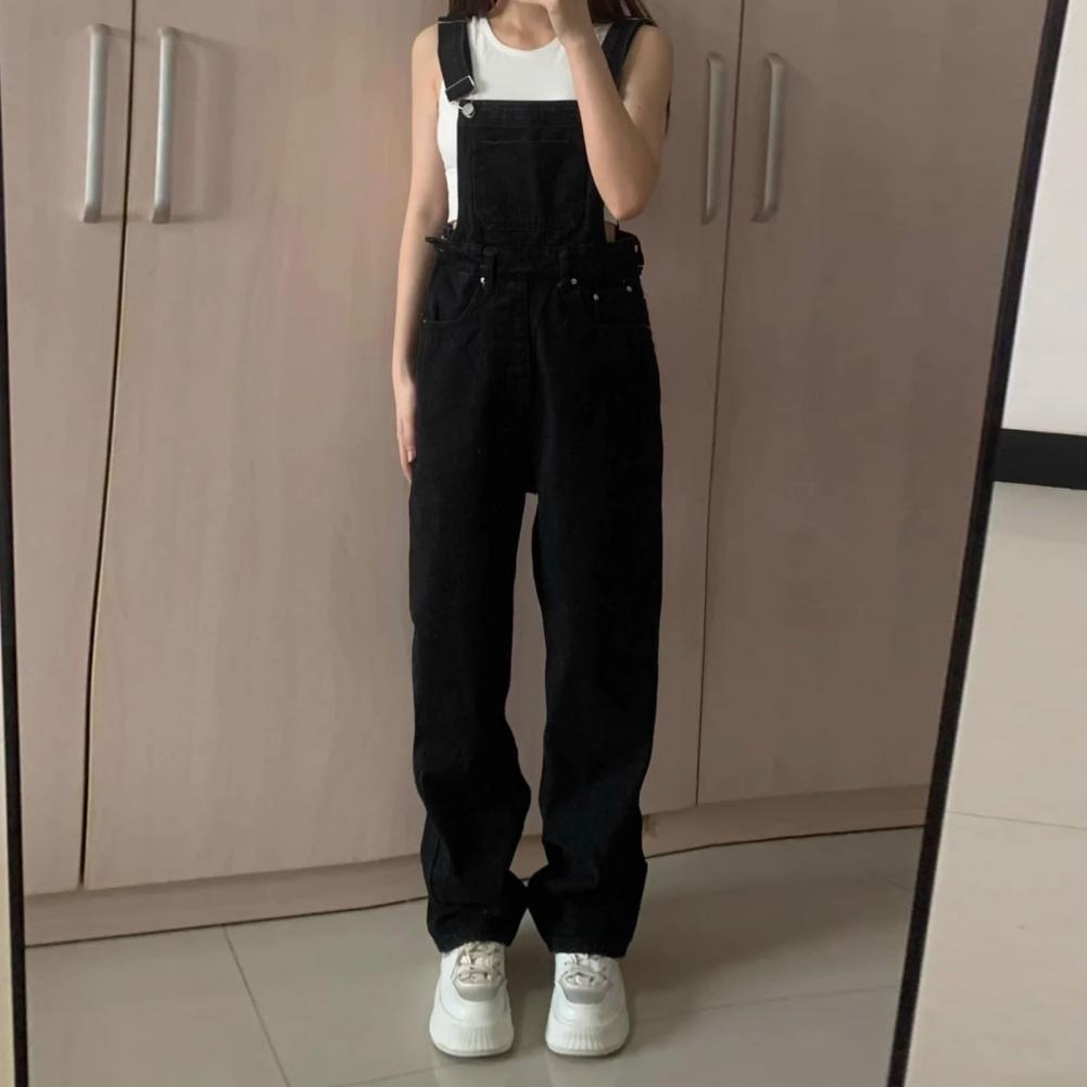 Denim Jumpsuit Summer Women Vintage Preppy Style Pockets Loose Fit High Waist Wide Leg Overalls Streetwear Straight Jeans