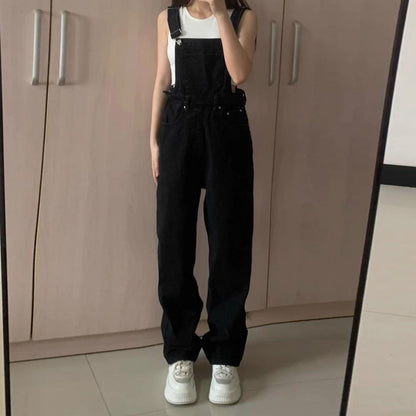 Denim Jumpsuit Summer Women Vintage Preppy Style Pockets Loose Fit High Waist Wide Leg Overalls Streetwear Straight Jeans