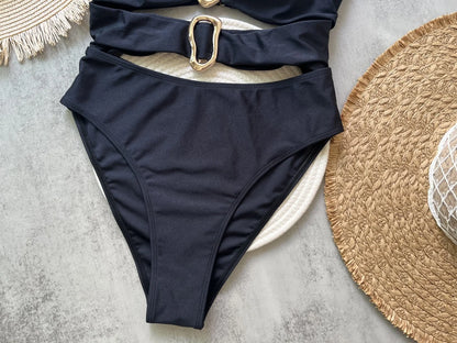 3 Colors Sexy Metal Rings Cut Out Women Swimwear One Piece Swimsuit Female Bandeau High Leg Cut Bather Bathing Suit Swim B022D