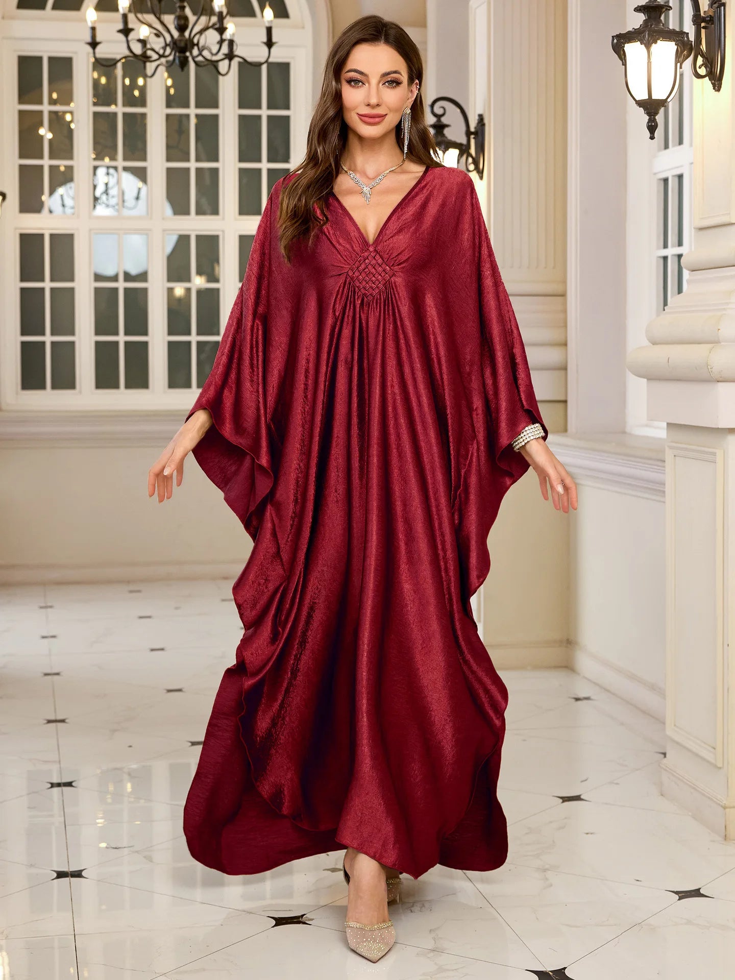 Plus Size Kaftan Dresses for Women Sparkly Glitter Batwing Sleeve Kaftan Cover Up Beach Maxi Dress Loungewear DN0016-3 red One Size