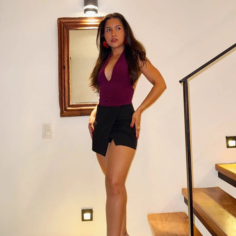 TRAF Halter Top Women Off Shoulder Deep V-Neck Crop Top y2k Sexy Backless Tank Top Street Style Casual Women's Summer Tops 2025