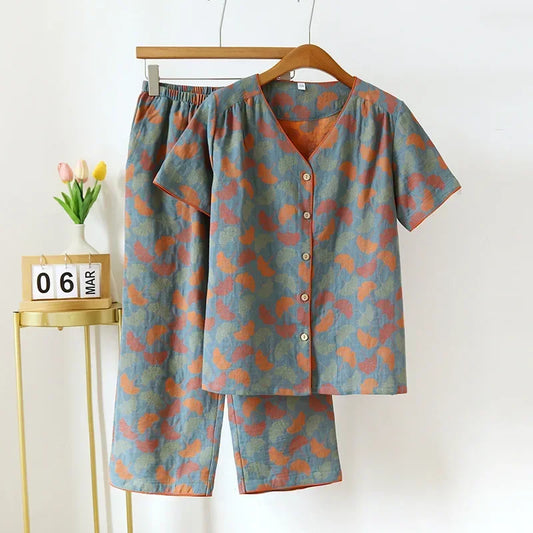 2025 Spring/Summer New Women's Pajama Set 100% Cotton Short Sleeve+Capris Two Piece Set for Large Flower Thin Home Furnishing 04