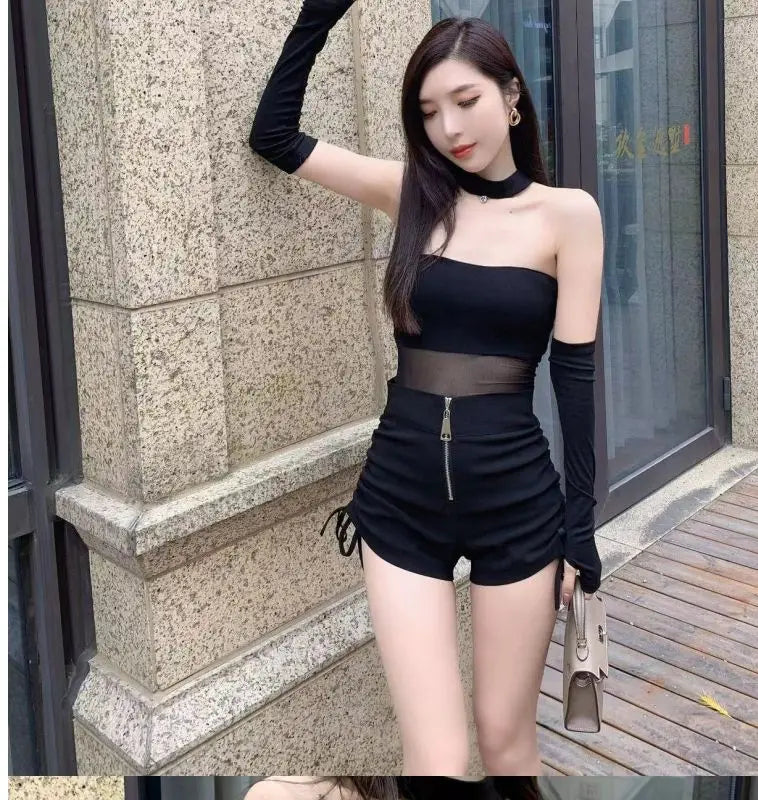 High Waist Shirring Black Bodycon Shorts Female Summer All-match Pleated Elasticity Elastic Waist Straight Women Slim Trousers