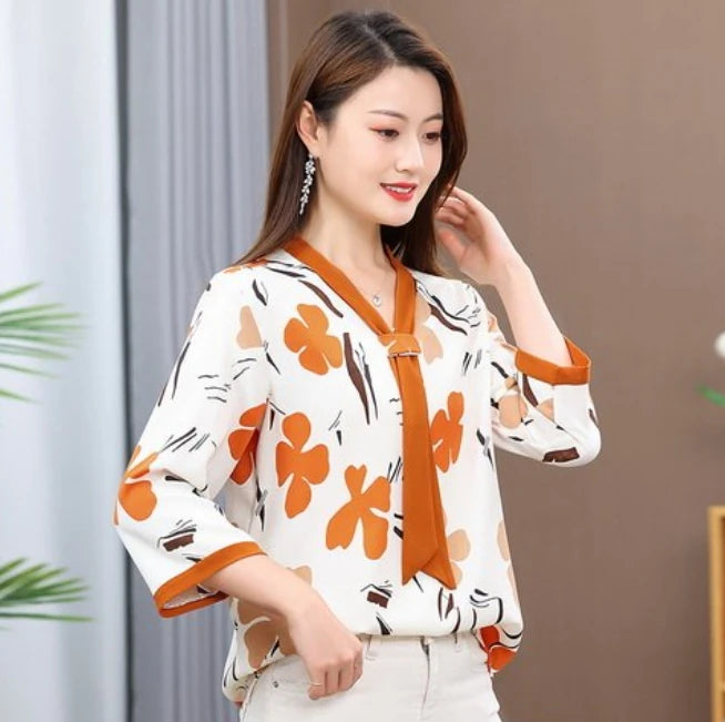 Women's Shirt Middle-aged Mother Elegant Summer Lady Shirts Bandage Floral Printed Chiffon Shirt Blouse Women's Clothing