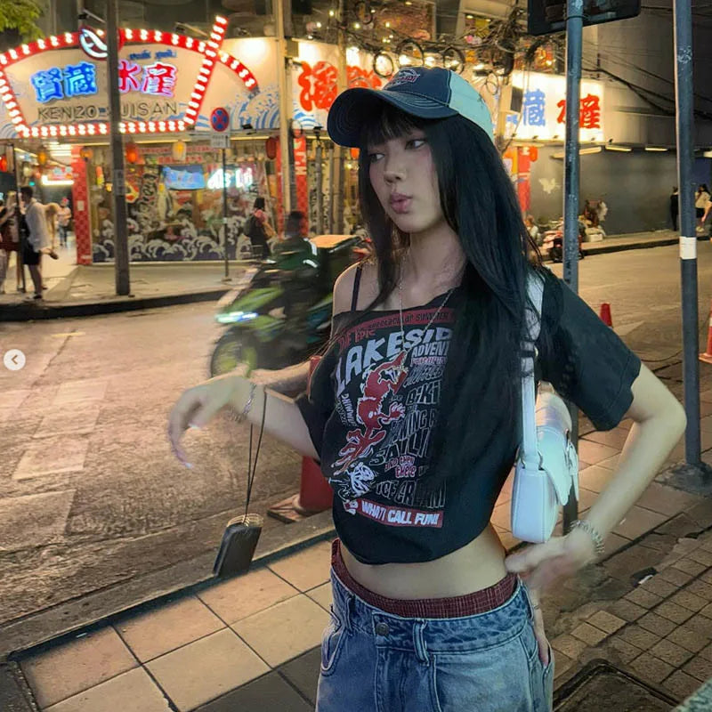 Gothic Tee Y2k Letter Print Off Shoulder Punk T-shirts Women Harajuku Summer Streetwear Grunge T Shirt Aesthetic Sexy Crop Tops