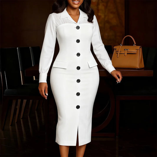 Elegant Bodycon Dresses for Women Turn Down Collar Full Sleeve Buttons Sheath Solid Mid Calf Professional Business Work Dress OL Badiee Stylez