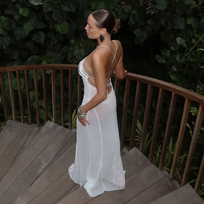 Shestyle 2025 Women Summer Outfits Beachwear Vacation Transparent Mermaid Dress Backless V Neck Spaghetti Strap Hollow Out