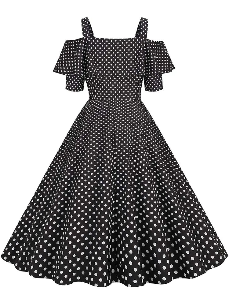 Off the Shoulder Elegant Vintage Party Dress Women Summer Polka Dot Ruffles A Line Midi Dresses