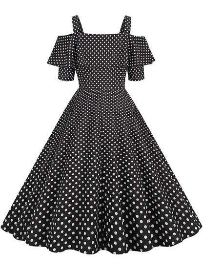 Off the Shoulder Elegant Vintage Party Dress Women Summer Polka Dot Ruffles A Line Midi Dresses