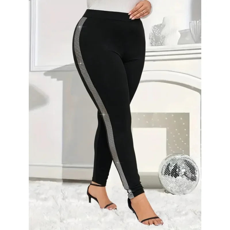 Plus Size New Women's Casual Rhinestone-Trimmed Tight Leggings - Stretchy Solid Color All-Season Machine Washable