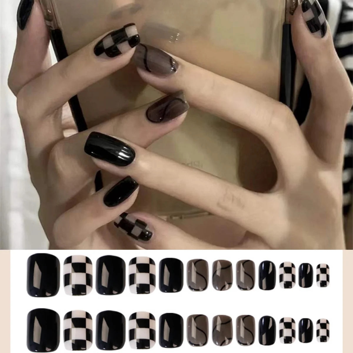 24PCS/SET Cold Black Chess Board Wearing Fake Nails Finished Product Long Full Coverage Acrylic Removable Press on Nails Art Tip PDJ080
