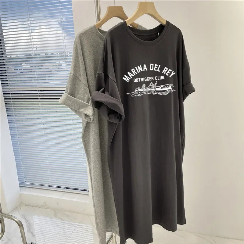 Summer Plus Loose Printed Short Sleeve Dress for Women Dark Grey