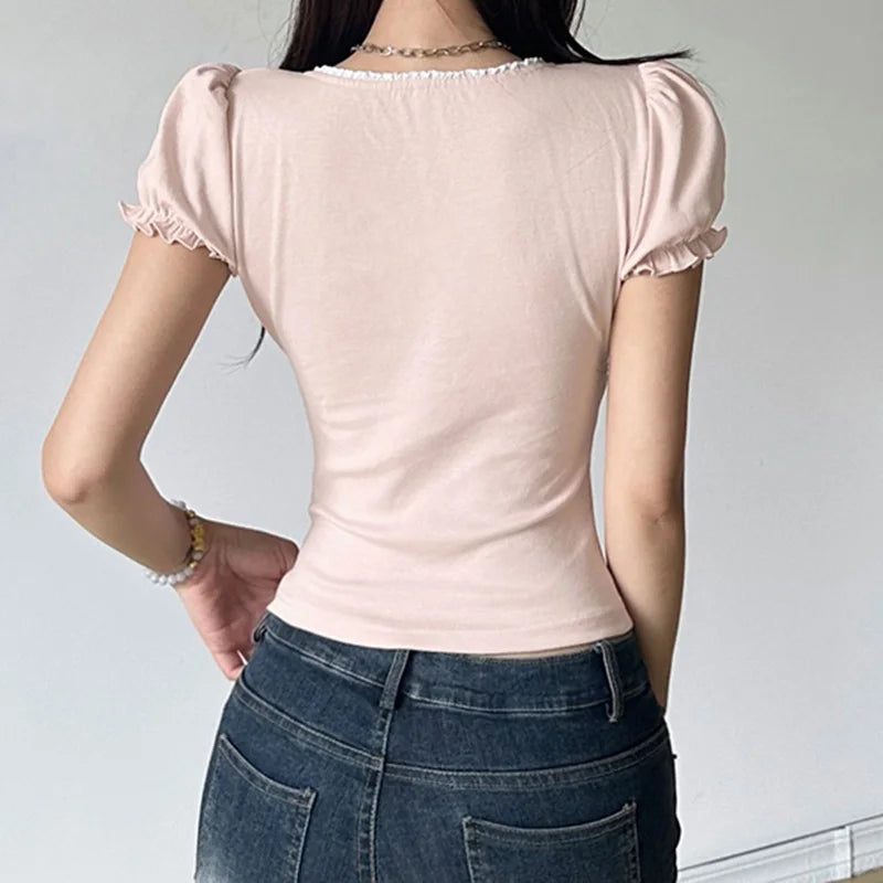 Sweet Button-up Top Women's Summer Cute Slim-fitting Contrast Lace Stitching Bow Square Collar T-shirts Y2K Korean Tees