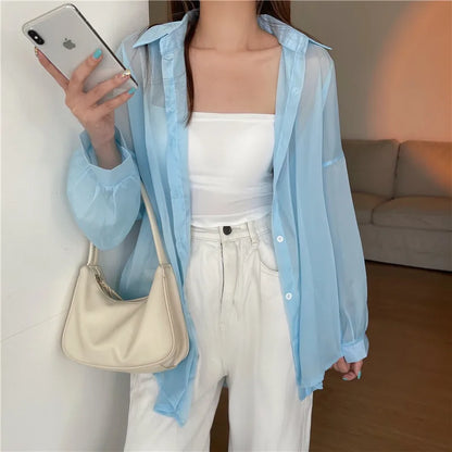 Semi Sheer Long Sleeve Shirt for Women Shimmer Button Down Collared Plain Lightweight Shirt Spring Summer Chic Tops Outfit