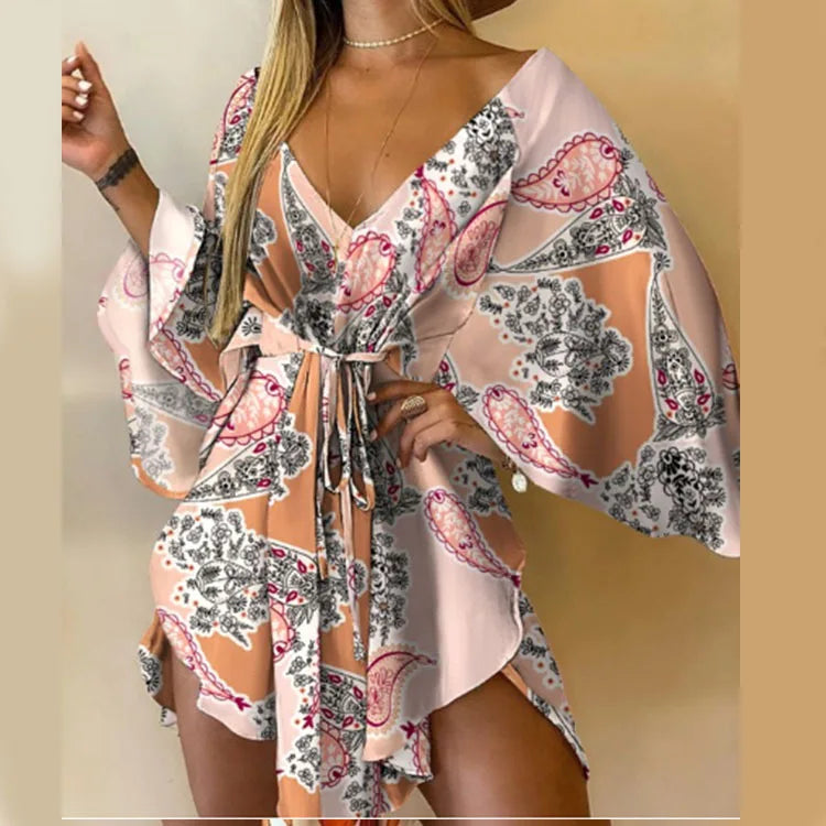 Sexy Women Mini Dress Floral Print V Neck 3/4 Bat Sleeve Lace Up Irregular Hem Casual Loose Beach Cover Up Dress Vestido Mujer