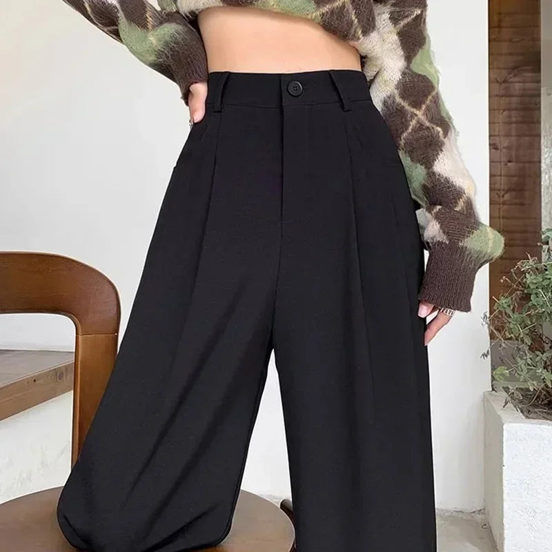 Women Fashion Suit Pants Lady Breathable Baggy High Waist Wide Leg Summer Trousers Lady Straight Leg Black Coffee Classic Pants Badiee Stylez