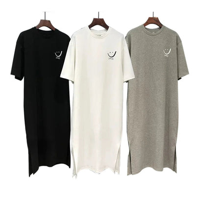 Summer Versatile Academy Style Short Sleeve Loose Korean Print Split Medium Length Dress T-shirt Women Casual Comfortable Style Badiee Stylez