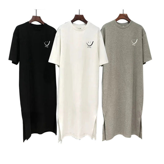 Summer Versatile Academy Style Short Sleeve Loose Korean Print Split Medium Length Dress T-shirt Women Casual Comfortable Style Badiee Stylez