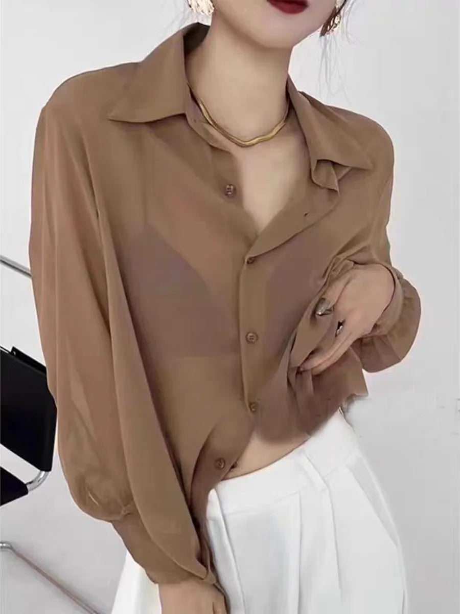 Sun-proof Transparent Shirt Female Mesh Long Sleeve Top Solid Color Summer Loose Chiffon Blouse Korean Fashion Cardigan Ladies Coffee