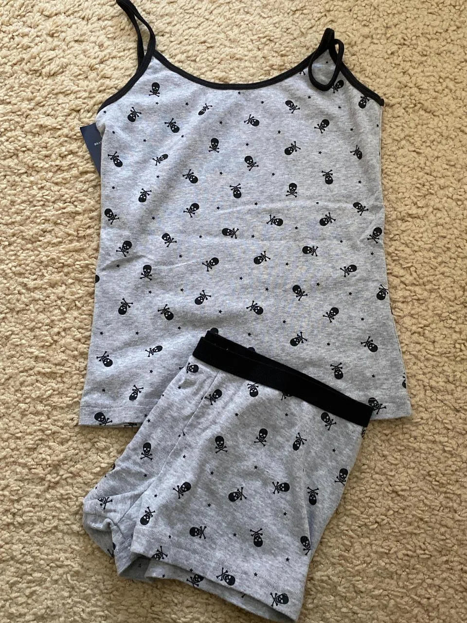 Blue Striped Tank Shorts Pajama Set Women Summer Sleeveless Crop Top+Elastic Waist Straight Short Pant Cotton Home 2 Piece Sets Skull set One Size