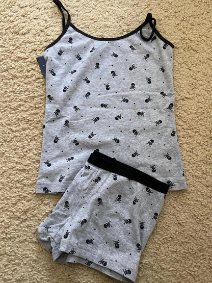 Blue Striped Tank Shorts Pajama Set Women Summer Sleeveless Crop Top+Elastic Waist Straight Short Pant Cotton Home 2 Piece Sets Skull set One Size