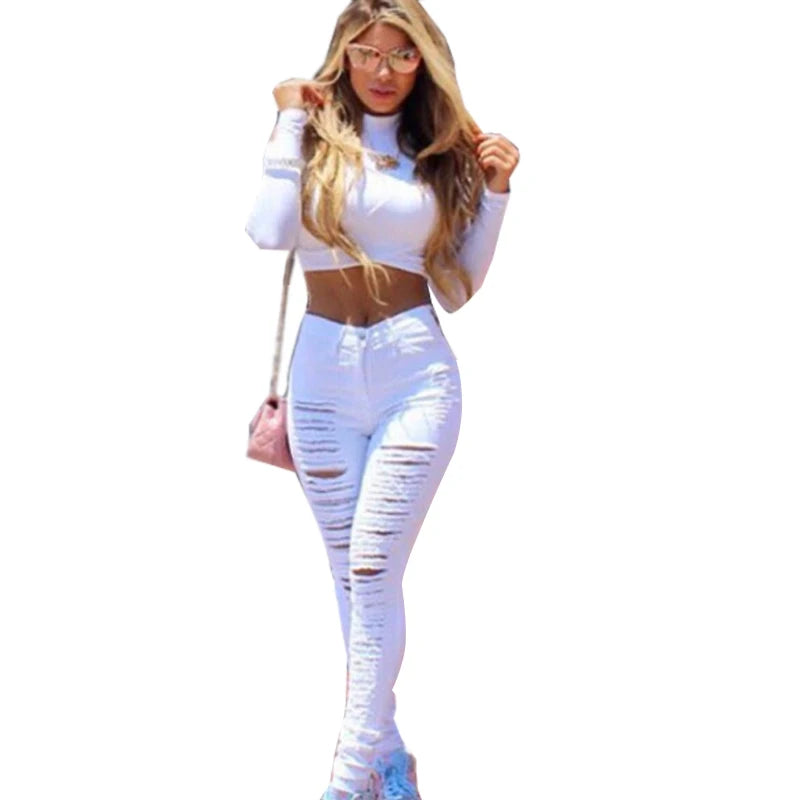 New Designer Denim Women 2025 High Waist Ripped Jeans for Women Skinny Black White Jeans Woman Elastic Slim Jean Female Femme