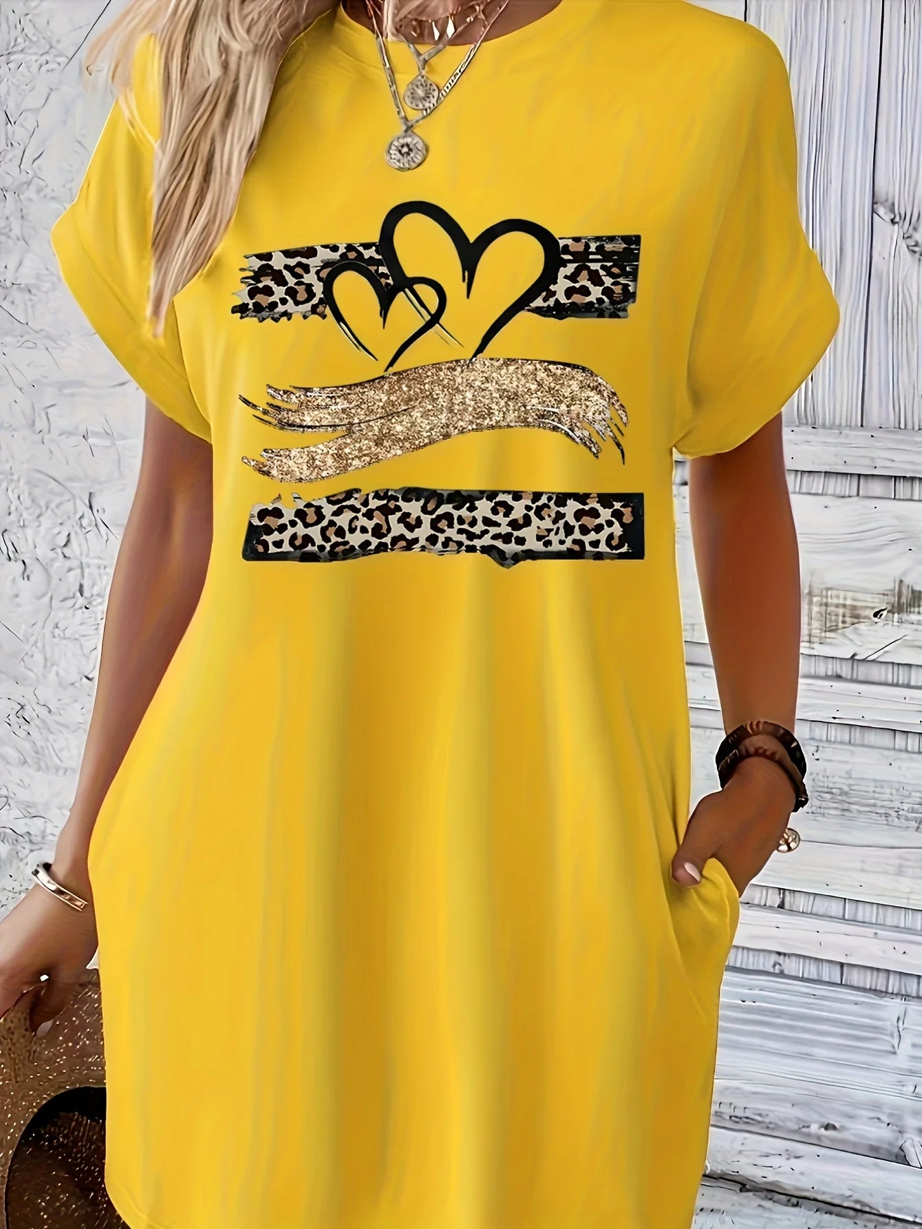 Women'S Casual Knit TShirt Dress with Heart Print Crew Neck Short Sleeve Fashionable Top Black with Colorful Flag Design