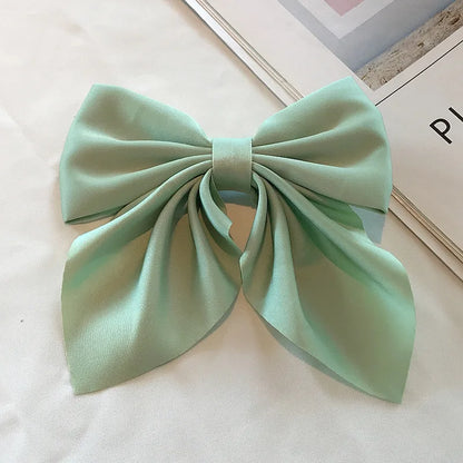 Solid Color Satin Bowknot Hair Clips For Girls Sweet Bow Women Hairpins Butterfly Barrettes Duckbill Clip Kids Hair Accessories 1-Green