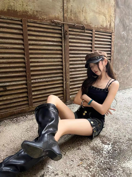 Y2k American style rivet vest aesthetic women's Grunge solid color navel top cool girl sleeveless casual women's 2000s top