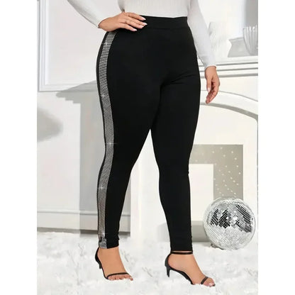 Plus Size New Women's Casual Rhinestone-Trimmed Tight Leggings - Stretchy Solid Color All-Season Machine Washable