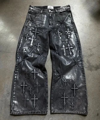 Gothic American Retro Cross Embroidered Wash Loose Black Denim Trousers Y2k New Popular Harajuku Hip-hop Rock Couple Streetwear