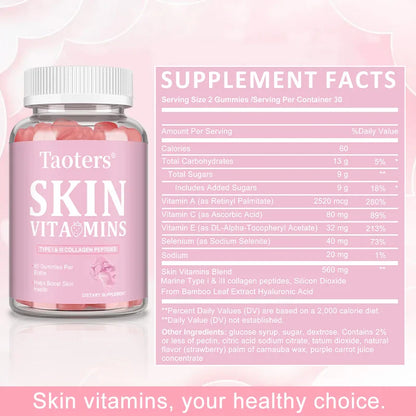 Skin Vitamin Gummies - Type I & III Collagen Peptides Vitamin A, C, E - Supports Skin Health,Anti Aging & Antioxidant