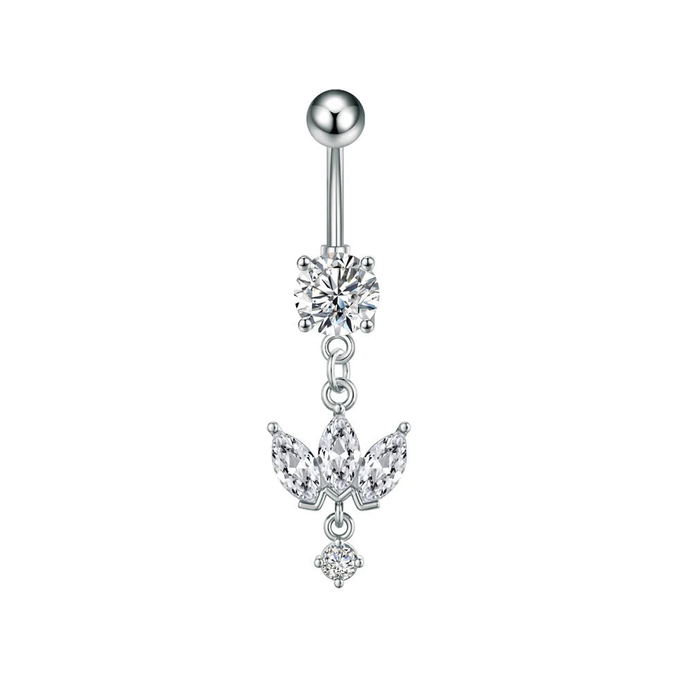 Zircon Crystal Belly Button Ring Dangle Wing Piercing Nombril Ombligo Surgical Steel Barbell Heart Round Navel Stud Body Jewelry 3213-SR