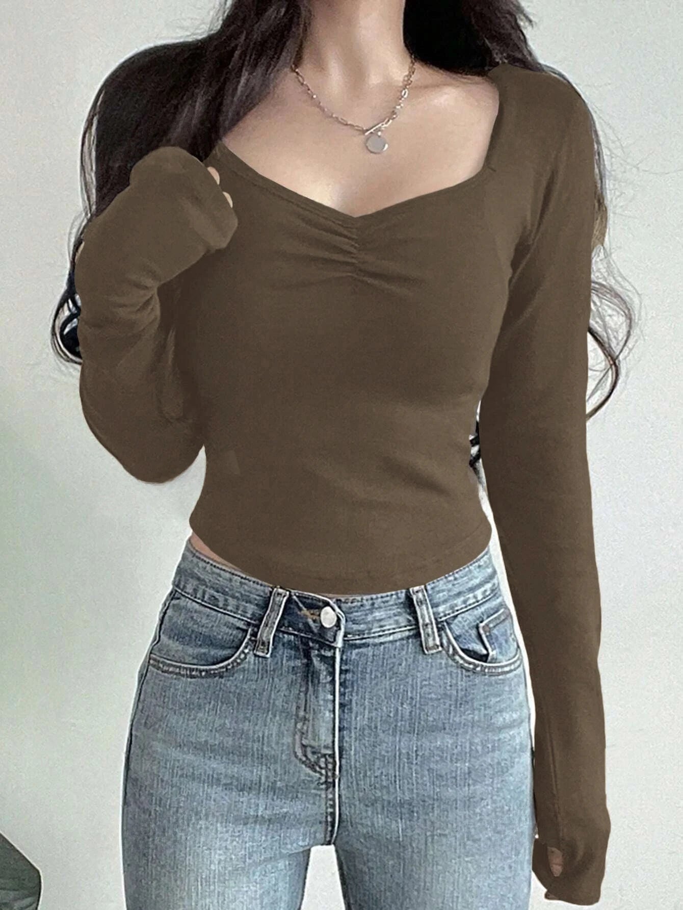Women Long Sleeve Tops - Sexy Going Out Sweetheart V Neck Basic Shirts Tight Slim Fall Trendy Clothing