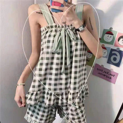 Pajamas Set for Women Sexy Home Clothing Sleepwear Tank Top Suit Shorts Cute Underwear Soft Nightwear Sleeveless Lace Loungewear 004 CHINA