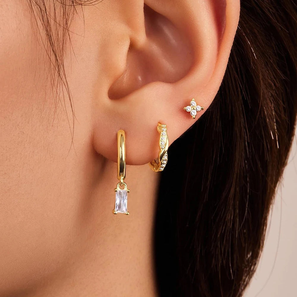 3PCS Fashion Stainless Steel Circle Hoop Earrings Set for Women 18K Gold Plated Zircon Pendant Square Earring Piercing Jewelry