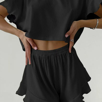 New Summer Women's Pajamas New Ruffled Loose Short Tops and Shorts Two-piece Set Women's Home Clothes black