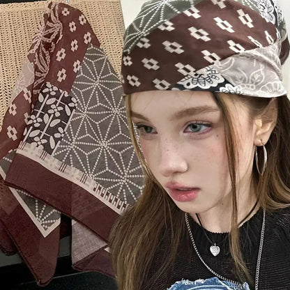 Y2k Bandana Cotton Floral Print Neckerchief Women Korean Cotton Linen Square Scarf Elegant Neck Scarves Small Wraps Bandana