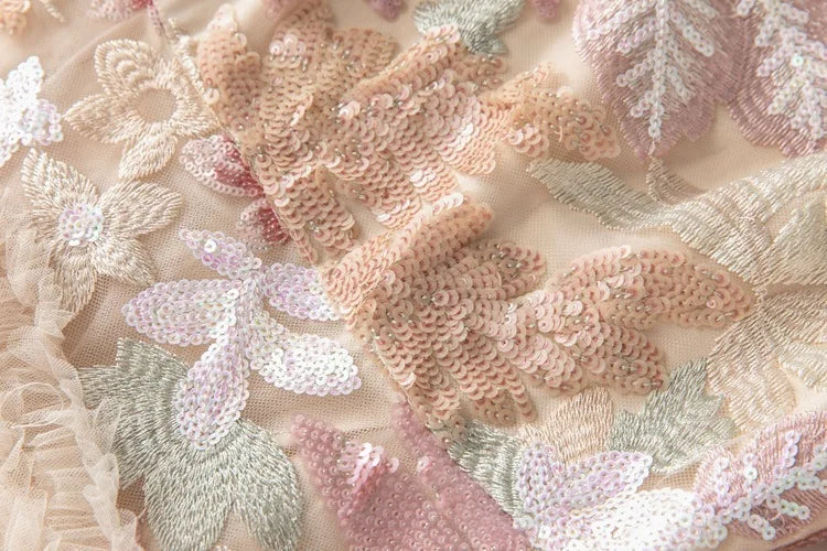 IEQJ Fashion Pink Embroidered Sequins Dress Women's Round Neck Ruffles Half Sleeves Ankle-length Dresses New 3A132 Badiee Stylez