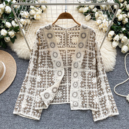 SINGREINY Vintage Boho Loose Plaid Cardigans Female Long Sleeves Hook Flower Hollow Tops 2025 Vacation Sunscreen Casual Shirt Badiee Stylez