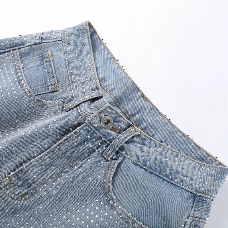 Y2k Women Shiny Rhinestone Denim Pants Wide Leg Straight Full Diamond Jeans for Female Dragging High Street Outwear Trousers