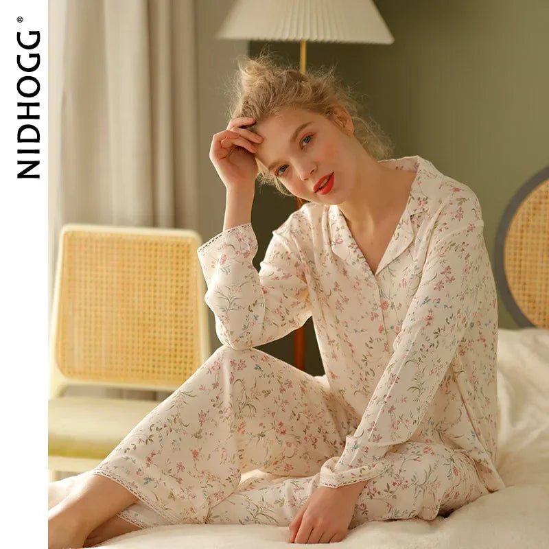 Pre-sale 2024 Spring Satin Pajamas Long Sleeve Viscose Sleepwear Willow Leaf Print Lounge Wear Two Piece Pijama Set Pijama Mujer