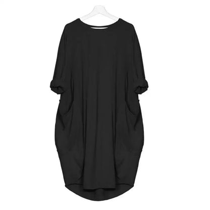 Women Casual Loose Dress with Pocket Fashion Ladies Solid Dress Women's O Neck Long Tops T Shirt Dress Streetwear Plus Size Black