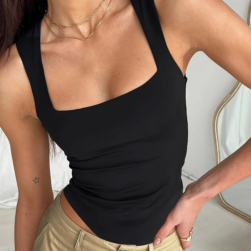 Darlingaga Casual Square Neck Fitness Summer Bodysuit Women Sleeveless Solid Basic One Piece Bodies Sporty Sexy Rompers Outfits