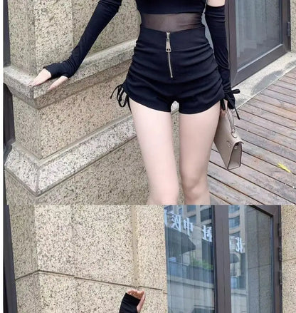 High Waist Shirring Black Bodycon Shorts Female Summer All-match Pleated Elasticity Elastic Waist Straight Women Slim Trousers
