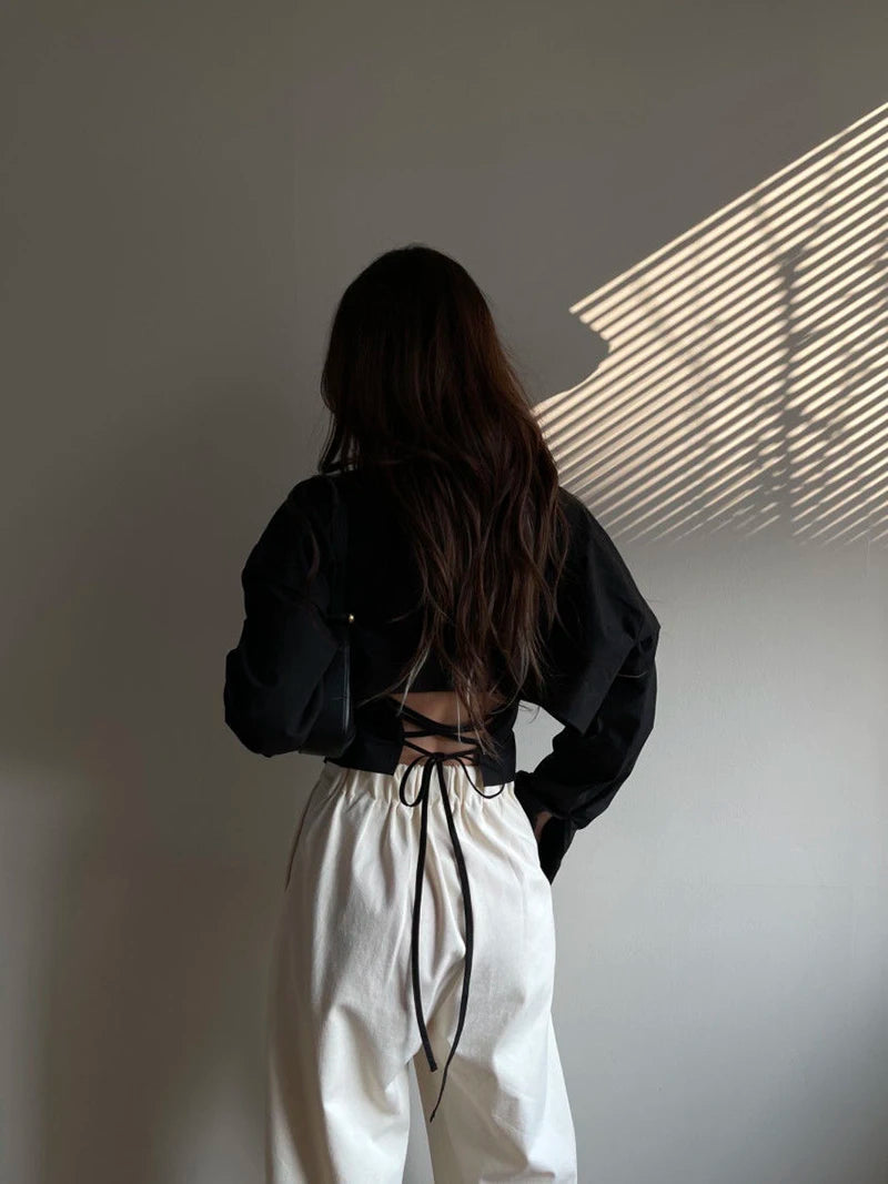 Gidyq Korean Bandage Shirt Women Fashion Backless Sexy Blouse Office Ladies Casual Slim Chic Turn Down Collar Long Sleeve Tops