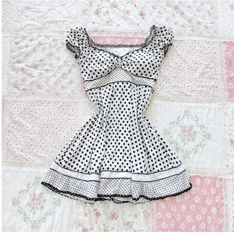 Aesthetic Slim Dress Harajuku Y2K Women Polka dot skirt Chic Maiden Frock Hot Girl Classic Fashion Classic Korean emo Sundress white