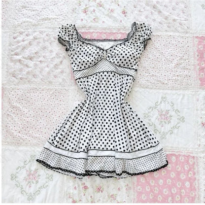 Aesthetic Slim Dress Harajuku Y2K Women Polka dot skirt Chic Maiden Frock Hot Girl Classic Fashion Classic Korean emo Sundress white