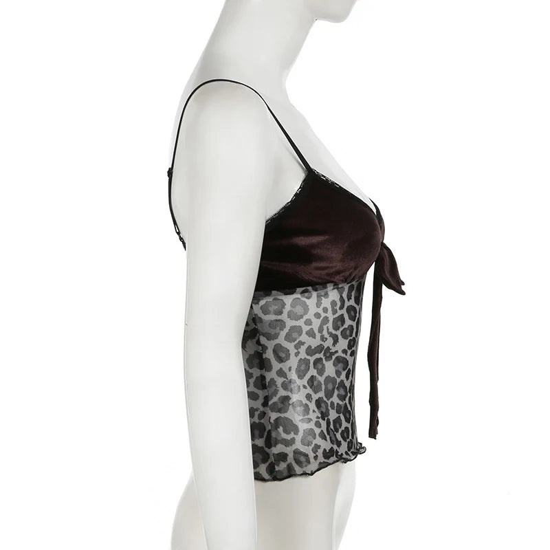 Leopard Mesh Crop Top y2k Bow Velvet Patchwork See Through Mini Vest Grunge Korean Vintage Camisole Lace Frill Tanks